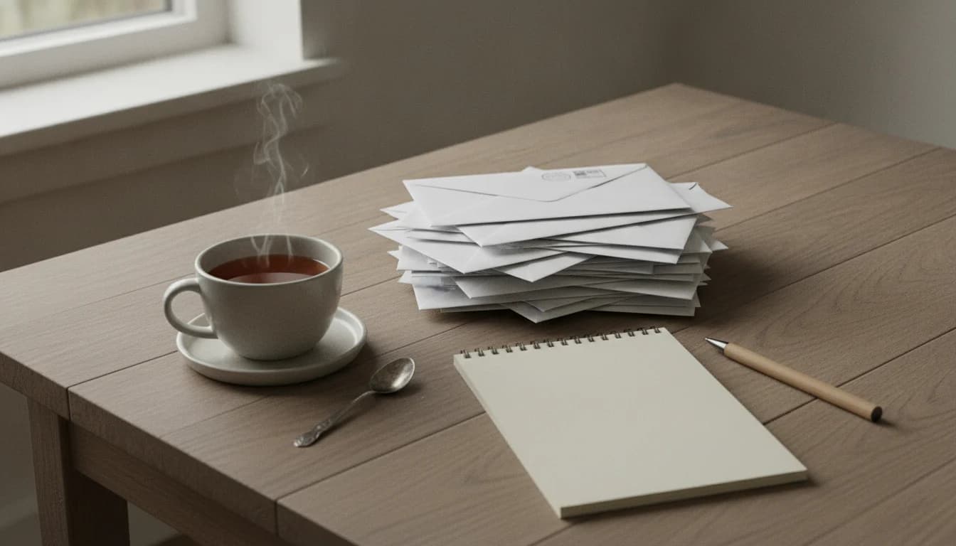 A stack of papers, a notebook, and a mug of tea on a kitchen table in soft daylight