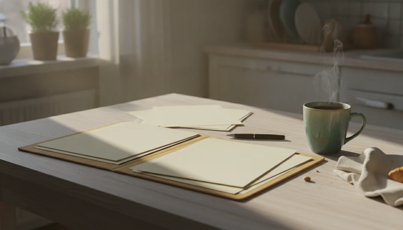 An open folder of papers, a pen, and a mug of tea on a kitchen table in soft morning light