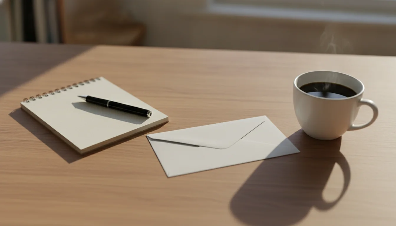 A plain envelope and a notebook on a wooden desk in soft morning light